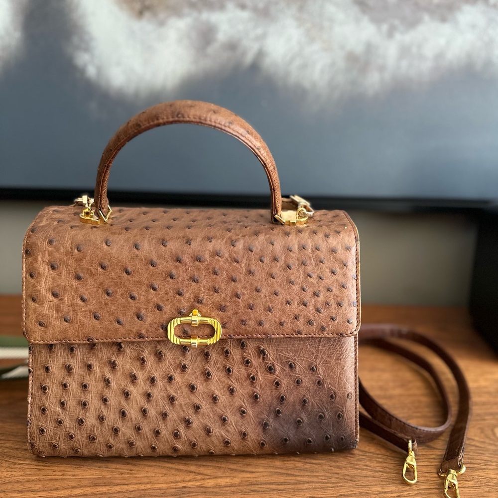 Elegant Brown ostrich Leather Handbag - Picture 7 of 7